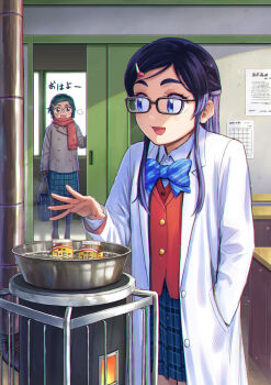 2girls absurdres bag black-framed_eyewear black_hair black_pantyhose blazer blue_bow blue_bowtie blue_eyes blue_skirt boiling bow bowtie breath brown_jacket buttons cauldron classroom coat coffee_milk commentary_request double-breasted dress_shirt drink_carton futari_wa_precure glasses green_hair grey_coat hair_ornament hairclip hand_in_pocket heater highres holding holding_bag indoors itou_shin'ichi jacket kerosene_heater lab_coat laboratory long_hair long_sleeves looking_at_another looking_back medium_skirt milk_carton multiple_girls pantyhose plaid_clothes plaid_skirt pleated_skirt precure red_jacket red_vest scarf school school_bag school_uniform shirt short_hair skirt slice_of_life sliding_doors stove swept_bangs translated verone_gakuin_school_uniform vest white_shirt winter_uniform yukijirushi yukishiro_honoka yuriko_(futari_wa_precure)