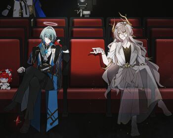 1boy 1girl anaxa_(honkai:_star_rail) aqua_hair black_capelet black_gloves black_pants blue_jacket brown_hair calypso_(honkai:_star_rail) capelet character_doll closed_eyes doll dress eyepatch gloves hair_branch hair_intakes halo highres honkai:_star_rail honkai_(series) horns jacket long_hair low-tied_long_hair movie_theater oo_1y pants phainon_(honkai:_star_rail) semi-transparent tree_horns tribbie_(honkai:_star_rail) white_dress