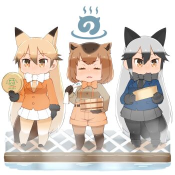 10s 3girls animal_ears bad_id bad_pixiv_id bath black_gloves black_pantyhose blonde_hair blush bow bowtie brown_hair capriccyo capybara_(kemono_friends) capybara_ears chibi closed_eyes commentary_request ezo_red_fox_(kemono_friends) fox_ears fox_tail gloves hair_between_eyes highres holding holding_towel jacket japari_symbol kemono_friends long_hair long_sleeves looking_to_the_side multicolored_hair multiple_girls open_mouth pantyhose pleated_skirt short_hair shorts silver_fox_(kemono_friends) silver_hair skirt smile tail towel