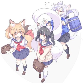 3girls ? animal_ear_fluff animal_ears bag black_hair black_socks blonde_hair blue_jacket blue_sailor_collar blue_skirt blunt_bangs bow brown_shoes cardigan cat_ears cat_girl cat_tail closed_eyes fox_ears fox_girl fox_tail hitting jacket jitome loafers long_hair looking_at_another miniskirt multiple_girls neckerchief original pleated_skirt ponytail red_bow red_eyes red_neckerchief sailor_collar school_bag school_uniform shirt shoes short_eyebrows short_sleeves skirt socks suzuno_(suzuno3110) sweatdrop tail tail_bow tail_ornament thick_eyebrows track_jacket twintails white_background white_hair white_shirt white_socks yellow_cardigan yellow_eyes