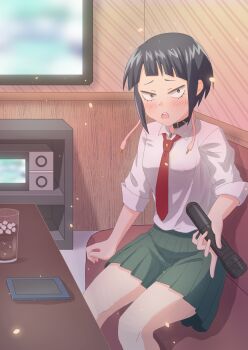 1girl audio_jack black_eyes blunt_bangs blush boku_no_hero_academia choker collared_shirt earplugs flat_sheep green_skirt highres jiro_kyoka long_earlobes looking_to_the_side microphone necktie open_mouth purple_hair red_necktie school_uniform shirt short_hair simple_background skirt soda solo table u.a._school_uniform white_shirt