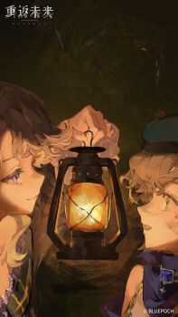 2girls absurdres beryl_bouanich black_cloak black_hat blonde_hair blue_eyes blue_gemstone blue_neckerchief brume_(reverse:1999) cloak closed_mouth copyright_name copyright_notice dark_background eye_contact face-to-face freckles from_side gem hand_up hat highres holding holding_lantern jewelry lantern logo looking_at_another multiple_girls neckerchief necklace newsboy_cap official_art official_wallpaper open_mouth profile reverse:1999 smile sweat upper_body yellow_eyes