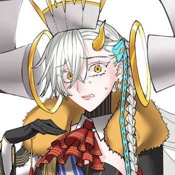 1girl ascot backlightshue braid breasts cape clerical_collar detached_horns earrings fate/grand_order fate_(series) fur-trimmed_cape fur_trim horns huge_horns jewelry long_hair long_horns looking_at_viewer nervous nervous_sweating olga_marie_animusphere orange_eyes red_ascot scared side_braid single_horn solo striped_bodysuit sweat u-olga_marie vertical-striped_bodysuit very_long_hair white_hair wide-eyed yellow_horns