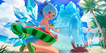 2girls beach blue_bow blue_dress blue_eyes blue_hair blue_one-piece_swimsuit blue_sky bow cirno closed_eyes cloud crab daiyousei day detached_wings dress fairy_wings flip-flops flower food_print fruit_print game_cg green_hair green_sandals hair_bow hair_ornament highres ice ice_castle ice_sculpture ice_wings innertube kanpa_(campagne_9) looking_at_viewer morning_glory multiple_girls official_art one-piece_swimsuit one_side_up open_mouth outdoors own_hands_together palm_tree palms_together print_bow print_innertube purple_flower sand sandals sitting sky smile snowflake_hair_ornament snowflake_print sunflower swim_ring swimsuit tan tanned_cirno teeth third-party_source touhou touhou_lostword tree upper_teeth_only watermelon_print wings yellow_bow yellow_flower