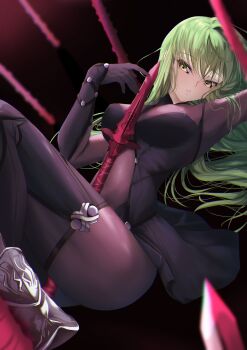1girl absurdres bodysuit breasts budgiepon c.c. code_geass commentary_request cosplay fate/grand_order fate_(series) green_hair hair_spread_out highres long_hair looking_at_viewer looking_to_the_side medium_breasts parted_lips polearm purple_bodysuit scathach_(fate) scathach_(fate)_(cosplay) solo spear weapon yellow_eyes