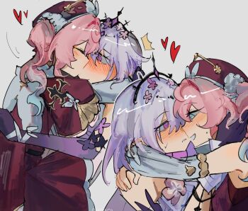 2girls arms_around_neck blue_eyes blush castorice_(honkai:_star_rail) closed_eyes commentary detached_sleeves dress drill_hair elbow_gloves gloves grey_background grin hashtag-only_commentary hat heart highres honkai:_star_rail honkai_(series) hyacine_(honkai:_star_rail) kiss kiss_meter_(meme) meme multiple_girls nsuntens pink_hair purple_eyes purple_gloves purple_hair red_dress red_hat simple_background smile twin_drills yuri