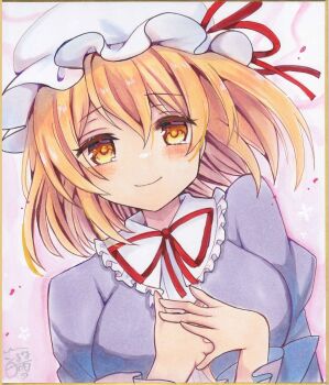 1girl blonde_hair blush breasts closed_mouth commentary contrast_collar dress frilled_shirt_collar frills hat hat_ribbon highres hoshi_tea_party long_sleeves looking_at_viewer maribel_hearn medium_hair mob_cap neck_ribbon own_hands_together purple_dress red_ribbon ribbon shikishi smile solo touhou white_hat yellow_eyes