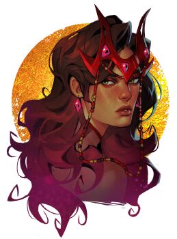 Rule 34 | 1girl, absurdres, avengers (series), beads, brown hair, commentary, dark-skinned female, dark skin, diamond-shaped earrings, english commentary, freckles, green eyes, highres, long hair, looking to the side, marvel, marvel rivals, official alternate costume, parted lips, portrait, redgreengoblin, scarlet witch, solo, wanda maximoff