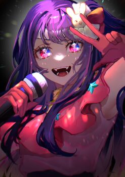 Rule 34 | 1girl, absurdres, armpits, belt, black belt, blue eyes, commentary, dress, eyelashes, frilled dress, frills, gloves, hair ornament, highres, holding, holding microphone, hoshino ai, idol, long hair, microphone, multicolored eyes, one side up, open mouth, oshi no ko, pink dress, pink eyes, pink gloves, purple hair, rabbit hair ornament, rayla (rayla illust), red eyes, sidelocks, solo, star-shaped pupils, star (symbol), symbol-shaped pupils, teeth, turtleneck, turtleneck dress, v