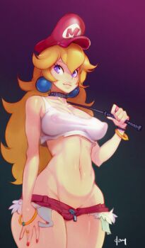 1girl bare_shoulders big_hair blonde_hair blue_eyes bracelet breasts cosplay covered_erect_nipples cowboy_shot curvy denim denim_shorts doxy earrings female_focus final_fight groin hat jewelry light_smile lips long_hair lowleg lowleg_shorts mario_(series) nail_polish navel nintendo poison_(final_fight) poison_(final_fight)_(cosplay) princess_peach puffy_nipples red_shorts riding_crop short_shorts shorts solo standing street_fighter thick_thighs thighs wide_hips