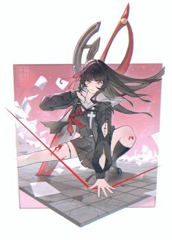 1girl arm_cutout black_hair black_jacket black_serafuku black_shirt black_shoes black_skirt blood breasts chisa_(wuthering_waves) chromatic_aberration closed_mouth clothing_cutout commentary dynamic_pose hair_ribbon highres jacket long_hair long_sleeves looking_at_viewer medium_breasts meng_ying_can_xuan planted planted_sword planted_weapon purple_eyes red_eyes red_ribbon ribbon sailor_collar school_uniform serafuku shirt shoes skirt solo sword tacet_mark_(wuthering_waves) thigh_strap weapon white_sailor_collar wuthering_waves