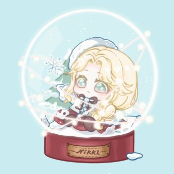 1girl :o animated animated_gif aqua_eyes beret blinking blonde_hair blue_background braid brown_ribbon brown_shoes buttons chibi chinese_commentary commentary_request expressionless eyelashes frosty_wish_(shining_nikki) fur-trimmed_sleeves fur_hat fur_trim hair_over_shoulder hat in_snow_globe light_blush long_hair long_skirt long_sleeves looking_ahead looping_animation mittens neck_ribbon nikki_(series) open_mouth outstretched_arm parted_bangs parted_lips pine_tree plaid_clothes plaid_skirt pom_pom_(clothes) red_skirt ribbon shining_nikki shoes simple_background single_braid sitting skirt snow snow_globe snowflake_in_eye snowing snowman sweater tareme tree very_long_hair white_hat white_mittens white_sweater xiaoyu_qixing
