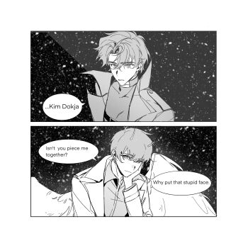 2boys coat collared_shirt commentary_request curtained_hair demon_horns english_text feathered_wings greyscale hand_on_own_chin head_rest high_collar highres horns kim_dokja looking_at_viewer male_focus monochrome multiple_boys omniscient_reader&#039;s_viewpoint open_clothes open_coat popped_collar shirt short_hair snowing speech_bubble twle upper_body wings yoo_joonghyuk