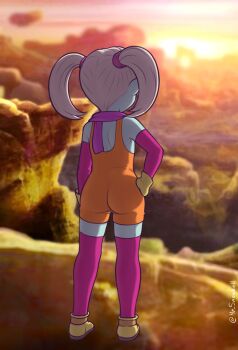 1girl absurdres blue_skin canyon colored_skin detached_sleeves dragon_ball dragon_ball_daima facing_away gloves hand_on_own_hip highres mr._snowkell overalls pansy_(dragon_ball_daima) scarf shoes sunset twintails white_hair