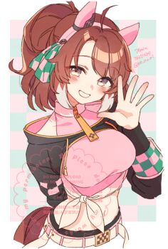 1girl ahoge animal_ears black_leggings black_shrug blush bow breasts brown_eyes brown_hair checkered_ribbon dantsu_flame_(center_spotlight)_(umamusume) dantsu_flame_(umamusume) ear_covers ear_ornament ear_ribbon hair_between_eyes horse_ears horse_girl horse_tail koruri large_breasts leggings leggings_under_shorts looking_at_viewer midriff multicolored_hair navel open_mouth pink_shirt pink_shorts shirt shorts shrug_(clothing) smile solo tail teeth tied_shirt umamusume waving white_hair white_shirt