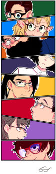 4boys 4girls absurdres alternate_costume alternate_hairstyle beard bespectacled black-framed_eyewear black_eyes black_hair blonde_hair chilchuck_tims close-up closed_mouth dungeon_meshi elf facial_hair falin_touden glasses green_eyes grey_hair half_updo highres izutsumi kuntama11 laios_touden long_hair marcille_donato multiple_boys multiple_girls namari_(dungeon_meshi) orange_eyes outline over-rim_eyewear pince-nez pointy_ears portrait profile red-framed_eyewear red_hair round_eyewear semi-rimless_eyewear senshi_(dungeon_meshi) short_hair shurou sideways_glance simple_background smile split_screen under-rim_eyewear white-framed_eyewear white_outline yellow-framed_eyewear