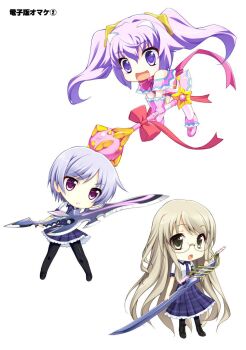 3girls black_pantyhose blood_tune boots chaos;head chaos;head_love_chu_chu! chibi cute_weapon d-sword erin-fray_orgel frown green_eyes green_hair highres holding holding_mace holding_sword holding_weapon huge_weapon kishimoto_ayase kusunoki_yua long_hair long_skirt mace magical_girl miniskirt multiple_girls necktie non-web_source official_art open_mouth pantyhose petite purple_eyes purple_hair school_uniform science_adventure short_sleeves skirt smile standing suimei_academy_school_uniform sumi_hei summer_uniform sword thighhighs twintails very_long_hair weapon white_background
