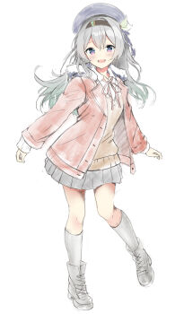 absurdres aizawa_(aizawatsu) boots brown_shirt firefly_(honkai:_star_rail) grey_hair grey_skirt hairband highres honkai:_star_rail honkai_(series) open_mouth red_shirt shirt simple_background skirt smile standing thighhighs white_thighhighs