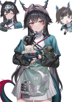 1girl ? absurdres aqua_jacket arknights arknights:_endfield black_gloves black_hair blue_horns blush chen_qianyu_(arknights) closed_mouth commentary cowboy_shot dragon_girl dragon_horns dragon_tail dress eastern_dragon_horns eastern_dragon_tail endministrator_(arknights) english_commentary female_endministrator_(arknights) gloves highres holding holding_stuffed_toy horns jacket long_hair looking_at_viewer molyb multiple_views open_mouth perlica_(arknights) simple_background smile stuffed_animal stuffed_toy tail twintails upper_body white_background white_dress