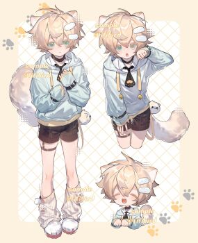1boy androgynous animal_ears black_necktie black_shorts blonde_hair blue_eyes blue_hoodie charm_(object) collar collared_shirt cowboy_shot dog_boy dog_ears dog_tail fifibird frilled_thigh_strap full_body hair_between_eyes hair_ornament hand_on_own_chest hand_up hands_up highres hood hood_down hoodie leg_warmers male_focus multiple_views necktie original paw_pose paw_shoes pom_pom_(clothes) sample_watermark shirt short_hair shorts sleeves_past_fingers sleeves_past_wrists tail thigh_strap watermark white_shirt wrist_belt