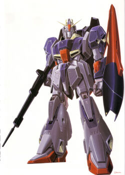 1980s_(style) absurdres aeug beam_rifle cable energy_gun green_eyes gundam highres looking_at_viewer machinery mecha mecha_focus mobile_suit oldschool ookawara_kunio painting_(medium) production_art realistic retro_artstyle robot scan science_fiction shield signature traditional_media v-fin weapon white_background zeta_gundam zeta_gundam_(mobile_suit)