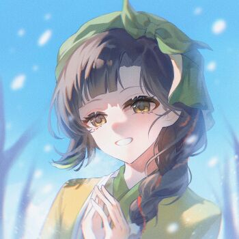 1girl black_hair blue_background chinese_clothes chinese_commentary commentary_request green_hanfu green_headscarf grin hands_up hanfu headscarf highres huodadada long_braid looking_at_viewer mayfly_(reverse:1999) own_hands_together portrait reverse:1999 smile snowing solo steepled_fingers teeth yellow_eyes