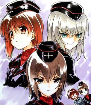 Rule 34 | akaboshi koume, black jacket, blue eyes, blush, breasts, brown eyes, brown hair, closed mouth, cross, dress shirt, frown, garrison cap, girls und panzer, grey hair, grey shirt, hair between eyes, hat, highres, itsumi erika, jacket, kojima emi, kuromorimine military uniform, kuromorimine school uniform, large breasts, long sleeves, looking at another, looking at viewer, medium hair, military, military hat, military uniform, multiple girls, nishizumi maho, nishizumi miho, open mouth, other focus, red shirt, red skirt, school uniform, senomoto hisashi, shirt, short hair, siblings, sisters, skirt, smile, smug, wavy hair, wing collar