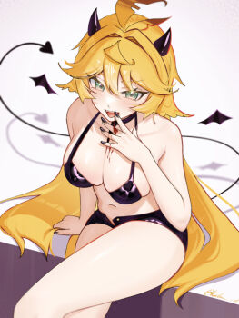 1girl alternate_breast_size_(larger) blonde_hair blood bra breasts commentary demon_girl demon_horns demon_tail dokibird english_commentary fangs feather_hair green_eyes horns indie_virtual_youtuber kalm_ol large_breasts long_hair shorts tail thick_thighs thighs underwear virtual_youtuber