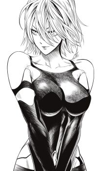 a2_(nier:automata) absurdres bare_shoulders breasts collarbone commentary elbow_gloves english_commentary gloves highres joints large_breasts leotard lips long_hair looking_to_the_side monochrome mostlybluewyatt nier:automata nier_(series) no_blindfold robot_joints white_hair