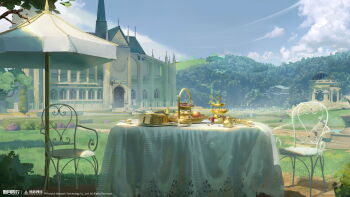 absurdres blue_sky bread bread_slice chair cloud cloudy_sky copyright_name copyright_notice cup day european_architecture food fruit garden grapes grass highres logo mountain no_humans official_art official_wallpaper outdoors patio_umbrella persimmon plate round_table scenery sky table tablecloth teapot tiered_tray toast tree umbrella white_umbrella xinyue_tongxing