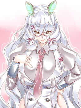 1girl adapted_costume aged_up alternate_breast_size_(larger) biwa_hayahide_(umamusume) biwa_hayahide_(umamusume)_(cosplay) breasts clothing_cutout collared_shirt cosplay covered_erect_nipples hair_ribbon hakkai headgear highres hip_vent huge_breasts juliet_sleeves kantai_collection lips long_hair long_sleeves looking_at_viewer murakumo_(kancolle) necktie puffy_sleeves red-framed_eyewear red_necktie ribbon semi-rimless_eyewear shirt solo thick_eyebrows trait_connection tress_ribbon umamusume very_long_hair white_hair