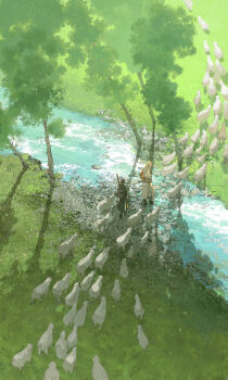 1boy 1girl from_above highres ibuki_satsuki nature original river sheep tree walking