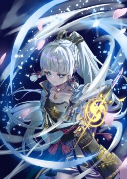 1girl absurdres aqua_eyes aqua_hair armor armored_skirt ayaka_(genshin_impact) blue_dress blue_eyes blue_hair blunt_bangs blunt_tresses blush breasts bridal_gauntlets collarbone dress falling_petals genshin_impact hair_ornament highres hime_cut holding holding_sword holding_weapon ice jewellery katana light_blue_hair long_hair long_sleeves medium_breasts mole mole_under_eye parted_lips petals ponytail sidelocks smile solo sword war_fan weapon yoshicon