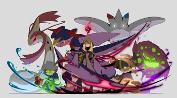 1girl @_@ black_coat black_sclera blonde_hair blue_flower blue_rose claws closed_mouth coat colored_sclera colored_skin cynthia_(pokemon) dragon fangs fins flower fur_collar fur_trim garchomp gastrodon gastrodon_(west) gen_3_pokemon gen_4_pokemon ghost glowing glowing_eyes green_skin hair_over_one_eye highres horns long_hair long_sleeves looking_at_viewer mega_evolution_symbol mega_garchomp_z mega_pokemon milotic nintendo pokemon pokemon_(creature) pokemon_dppt pokemon_team psaber97 red_eyes red_flower red_rose red_sclera rose roserade shark_fin sharp_teeth slug spiritomb tail teeth togekiss very_long_hair water wings yellow_eyes
