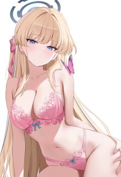 1girl blonde_hair blue_archive blue_eyes blue_halo bra breasts collarbone commentary halo highres large_breasts long_hair looking_at_viewer nannung navel panties pink_bra pink_panties simple_background solo symbol-only_commentary toki_(blue_archive) underwear underwear_only white_background
