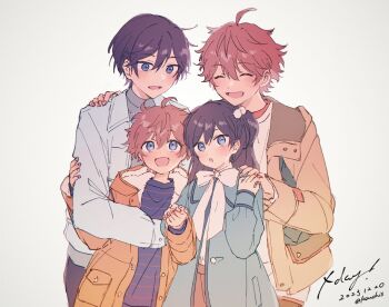 2boys aged_down ahoge akehoshi_subaru black_hair blue_coat blue_eyes bow brown_jacket closed_eyes coat commentary crossdressing crossdressing_(mtf) ensemble_stars! grey_jacket hair_between_eyes hair_ornament hand_on_another&#039;s_arm hand_on_another&#039;s_shoulder hidaka_hokuto jacket long_hair long_sleeves male_focus multiple_boys multiple_views mym open_clothes open_jacket open_mouth orange_hair orange_jacket pom_pom_(clothes) pom_pom_hair_ornament short_hair simple_background smile white_background white_bow