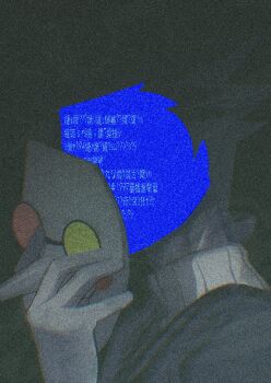 Rule 34 | 1997, 1boy, black hair, blue screen of death, blush stickers, colored skin, deltarune, film grain, heterochromatic eyewear, highres, holding, holding mask, male focus, mask, pink-tinted eyewear, pointy nose, portrait, solo, spamton g. spamton, spamton g. spamton (big shot), tinted eyewear, utdr (toby fox), valve core, white mask, white skin, yellow-tinted eyewear