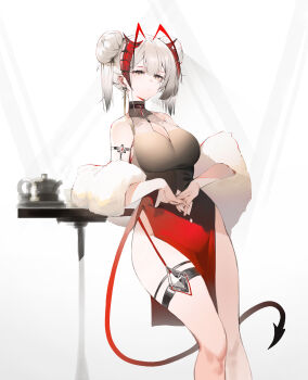 1girl absurdres alternate_costume alternate_hairstyle antenna_hair arknights bai_yao_(user_ygua7252) bare_shoulders black_dress breasts cleavage cleavage_cutout closed_mouth clothing_cutout commentary_request demon_girl demon_horns demon_tail double_bun dress earrings expressionless feet_out_of_frame fur_shawl gradient_hair grey_eyes grey_hair hair_bun highres horns jewelry leaning_on_table legs long_hair looking_at_viewer multicolored_hair own_hands_together pelvic_curtain red_dress shawl sleeveless sleeveless_dress solo tail teapot thigh_strap w_(arknights) white_background white_hair wide_hips