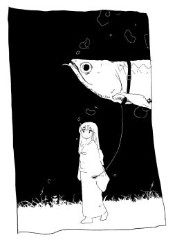 1girl air_bubble animal animal_collar arms_at_sides barefoot border bubble closed_mouth collar commentary_request expressionless fish flying_fish grass greyscale hamasmi highres holding holding_leash japanese_clothes kimono leash long_hair long_sleeves looking_at_viewer monochrome night obi original outdoors oversized_animal pet_walking sash solo surreal walking wide_shot