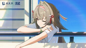 1girl against_railing animal_ear_fluff artist_request blue_sky braid breasts buttons chinese_commentary closed_eyes commentary_request company_name copyright_name elbow_rest facing_viewer glint green_scrunchie hair_between_eyes hair_intakes hair_ornament hair_ribbon hairband half_up_braid hand_on_own_arm headphones highres lens_flare logo long_hair multicolored_hairband official_art one_eye_closed orange_eyes outdoors railing red_hairband red_ribbon ribbon scrunchie second-party_source shadow shirt short_sleeves sky solo two-tone_hairband white_hairband white_shirt wrist_scrunchie ye_shunguang zenless_zone_zero