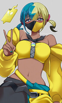 1girl bandeau belt blue_eyes canari_(pokemon) collarbone commentary eyelashes gen_4_pokemon grey_background highres jacket long_sleeves looking_at_viewer looking_down mask mouth_mask multicolored_hair multicolored_nails nail_polish navel nintendo off_shoulder pants pokemon pokemon_legends:_z-a rotom rotom_phone short_twintails simple_background twintails v wasabina_gyochi yellow_bandeau yellow_jacket zipper