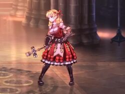 1girl animated armor black_gloves black_thighhighs blonde_hair blue_eyes boots bouncing_breasts braid breasts dress drill_hair frilled_dress frilled_skirt frills game gauntlets gloves hair_intakes hair_ribbon holding holding_staff interior juliet_sleeves knee_boots large_breasts long_hair long_sleeves pinafore_dress puffy_sleeves red_dress red_ribbon ribbed_sweater ribbon scarlett_(unicorn_overlord) screencap skirt sleeveless sleeveless_dress staff sweater thighhighs turtleneck turtleneck_sweater unicorn_overlord video white_sweater
