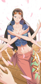 1girl 2024 absurdres black_hair blue_eyes blue_jacket breasts cleavage closed_mouth commentary cropped_jacket devil_fruit_power english_commentary extra_ears eyewear_on_head falling_petals floral_print floral_print_sarong hana_hana_no_mi highres jacket korean_commentary large_breasts long_hair looking_at_viewer midriff mixed-language_commentary multilingual_commentary namhaekeuin navel nico_robin nico_robin_(return_to_sabaody) official_alternate_costume one_eye_closed one_piece orange-tinted_eyewear petals pink_petals pink_sarong sarong short-sleeved_jacket short_sleeves smile solo sunglasses tinted_eyewear wooden_floor zipper