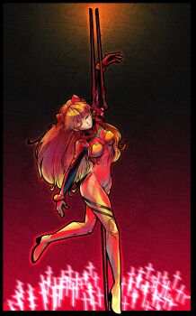 Rule 34 | 1girl, artist request, blue eyes, bodysuit, breasts, brown hair, closed eyes, full body, highres, lance, lance of longinus (evangelion), lips, mecha pilot suit, neon genesis evangelion, plugsuit (evangelion), polearm, red background, red bodysuit, simple background, skin tight, solo, souryuu asuka langley, the end of evangelion, two side up, weapon, wide hips
