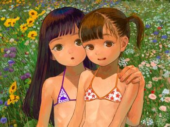 2girls animal_print bikini black_hair blue_flower brown_eyes brown_hair collarbone eikoh field fish_print flat_chest floral_print flower flower_field green_eyes hand_on_another's_shoulder loli long_hair looking_at_viewer multiple_girls nature one_side_up open_mouth original polka_dot polka_dot_bikini ponytail print_bikini red_flower short_hair side_ponytail smile sunflower swimsuit teeth traditional_media upper_body whale_print white_bikini white_flower yellow_flower