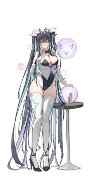 1girl absurdly_long_hair absurdres alternate_costume animal_ears black_bow black_bowtie black_hair black_leotard bow bowtie breasts bubble cleavage commentary covered_navel full_body goddess_of_victory:_nikke green_hair hair_intakes hand_on_own_chest high_heels highres ko_uniii large_breasts leotard little_mermaid_(nikke) long_hair looking_at_viewer playboy_bunny rabbit_ears shrug_(clothing) simple_background smile solo thighhighs thighs very_long_hair white_background white_shrug white_thighhighs yellow_eyes