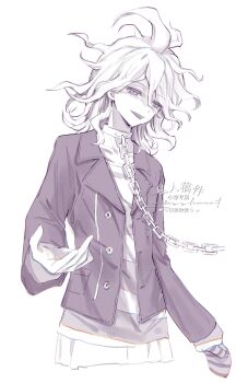 Rule 34 | 1boy, blazer, buttons, chain, chain leash, chinese commentary, collar, commentary request, cropped torso, danganronpa (series), danganronpa another episode: ultra despair girls, grin, hand up, highres, jacket, komaeda nagito, lapels, leash, long shirt, looking at viewer, medium hair, messy hair, metal collar, monochrome, ni kan bujian wo de yanlei, servant (danganronpa), shaded face, shirt, simple background, smile, solo, striped clothes, striped mittens, striped shirt, upper body, white background