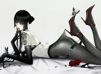 1girl absurdres arched_back arm_tattoo ass black_bra black_choker black_gloves black_hair black_pantyhose blunt_bangs bra breasts bug butterfly butterfly_on_foot butterfly_on_hand choker ear_piercing earrings elbow_gloves eyeshadow face_piercing feet_up flower from_side glasses gloves green_eyes high-waist_pantyhose high_heels highres hime_cut hooked_on_heel insect jewelry labret_piercing lace_pantyhose_hooked_on_heel_(meme) long_hair lying makeup meme mole mole_under_mouth on_stomach original pale_skin pantyhose pantyhose_tug parted_lips piercing red_eyeshadow red_lips red_shoes ring rose satsuki_kei see-through_clothes see-through_pantyhose shoes sidelocks signature solo strap_slip tattoo the_pose thigh_strap underwear very_long_hair white_background