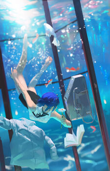 1girl air_bubble antique_phone barefoot black_choker black_ribbon black_skirt blurry book breasts bubble chainsaw_man choker closed_mouth corded_phone daisy_(flower) depth_of_field feet fish flower freediving full_body holding holding_flower long_sleeves looking_to_the_side medium_breasts neck_ribbon null_(skev7724) phone purple_hair reze_(chainsaw_man) ribbon ringer_box shirt skirt sleeveless sleeveless_shirt solo submerged underwater unworn_shirt white_flower white_shirt