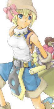 1girl blonde_hair blue_boots blue_eyes blue_shorts boots bow box breasts brown_gloves bucket_hat closed_mouth commentary_request expressionless feet_out_of_frame gloves hat hat_bow heart-shaped_box looking_afar medium_breasts mieln pelvic_curtain pink_bow pullcart ragnarok_online shirt short_hair shorts simple_background sleeveless sleeveless_shirt solo super_novice_(ragnarok_online) turtleneck turtleneck_shirt white_background white_shirt